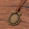 Antique bronze DIY bezel tray pendant necklace with brown PU leather cord, oval blank base. - Oval Lace Style 3 (7CDE)