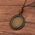 Vintage bronze oval pendant tray DIY jewelry blank with brown PU leather rope necklace. - Oval Lace Style 4 (7CDE)