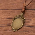 Antique Bronze DIY Alloy Bezel Pendant Sweater Chain Brown PU Cord Necklace Variant - Oval Lace Style 5 (7CDE)