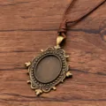 Vintage bronze alloy DIY blank bezel pendant sweater chain with brown PU leather rope necklace. - Oval Lace Style 6 (7CDE)