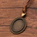 Vintage Bronze Zinc Alloy DIY Cabochon Blank Base Pendant Necklace with Brown PU Cord - Oval Lace Style 7 (7CDE)