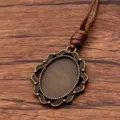 Antique bronze DIY bezel pendant base with brown pu leather cord for time glass cabochon - Oval Lace Style 8 (7CDE)