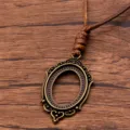 Vintage Bronze DIY Alloy Oval Cabochon Pendant Tray Sweater Chain with Brown PU Leather Cord - Oval Lace Style 10 (7CDE)
