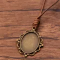 Antique Bronze Alloy Oval Bezel Pendant DIY Cameo Base Sweater Chain Brown PU Cord - Oval Lace Style 11 (7CDE)