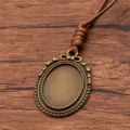 Vintage bronze empty bezel pendant tray with brown PU leather cord sweater chain DIY jewelry. - Oval Lace Style 12 (7CDE)