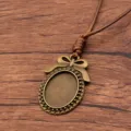 Antique Bronze DIY Alloy Cameo Bezel Tray Sweater Chain with Brown PU Cord Jewelry - Oval Lace Style 14 (7CDE)