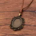 Vintage bronze DIY oval pendant tray blank base with brown PU leather rope necklace chain. - Oval Lace Style 15 (7CDE)