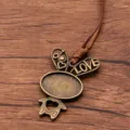 Antique bronze DIY alloy time gem tray sweater chain blank oval bezel pendant with PU cord. - Oval Love Style 16 (7CDE)