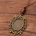 Antique bronze DIY pendant tray sweater chain with brown PU leather cord, vintage style. - Oval Lace Style 17 (7CDE)