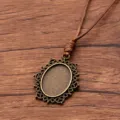 Vintage bronze DIY zinc alloy oval blank pendant tray sweater chain with brown PU leather cord. - Oval Lace Style 18 (7CDE)