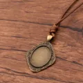 Vintage bronze bezel pendant necklace with brown pu leather rope diy blank tray 18x25mm - Oval Lace Style 19 (7CDE)