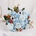 Blue artificial flower bouquet with hydrangea and daisy for elegant home decor and wedding. - Blue