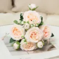 Splendido bouquet di rose e peonie artificiali rosa pesca per decorazione casa e matrimoni. - Rosa Champagne