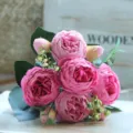 Artificial pink peony rose flower bouquet detail, 5-head floral decor for home wedding. - Rose Pink