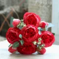 Artificial red peony rose bouquet for home wedding decoration, realistic fake floral arrangement. - Red