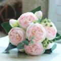 Artificial rose flower bouquet detail, 5 heads pink peony fake flowers for wedding home decor - Baby Pink