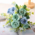 Bouquet di rose e peonie artificiali blu verde per decorazione casa matrimonio SKU - Blu