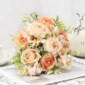 Artificial peony flower bouquet for home decor wedding bridal holding faux floral arrangement - Coral Pink