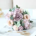 Detail view of European artificial rose hydrangea peony bouquet, soft pink floral decor design. - Purple