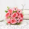 Pink artificial rose flower bouquet, beautiful fake floral arrangement for home and room decor. - Pink