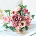 Artificial rose peony flower bouquet pink silk floral arrangement home wedding decor party prop - Bean Paste Red