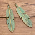 Vintage Alloy Bronze Green Feather Pendant DIY Craft Jewelry Connector Accessories - 1 Piece (15X60mm)