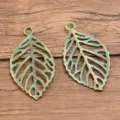DIY Retro Bronze Green Hollow Leaf Alloy Pendant Connector Jewelry Making Supplies - 1 Piece (27x49mm)