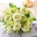 Artificial peony flower bouquet faux green roses for home wedding decoration floral arrangement. - Green