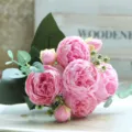 5-head artificial peony rose flower bouquet pink fake flowers for home wedding party decor - Pink