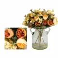 Bouquet di rose artificiali con vaso in vetro, fiori finti giallo autunno per decorazioni. - Bouquet di Rose a 5 Forche / Giallo Arancio