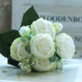 Artificial peony rose flower bouquet faux silk floral arrangement for home wedding decoration - White Green