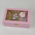 Pink wooden music box detail, cute unicorn pattern, transparent window, mechanical windup. - Model D Pink Horse