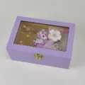 Detailed view of purple wooden musical jewelry box with unicorn pattern and window. - Style A Purple Horse