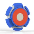 Detailed view of the blue, white and red protective case holder for smart tracker device. - Blue