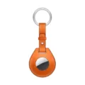 Orange leather AirTag protective case detail view, premium keychain design with metal ring. - Style B / Orange