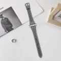Bracelet de montre en cuir véritable gris noir compatible Apple Watch avec design twill. - 42/44/45/46/49MM / Gris et noir