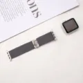 Grey nylon braided Apple Watch strap featuring cute cat metal charm, comfortable elastic band. - Gray