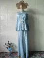 Detailed view of the elegant light blue satin long sleeve top and long skirt set displayed. - S / Blue