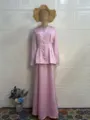 Elegant vintage solid color long sleeve top and long skirt two piece set for women spring - S / Pink