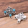 Alloy floral multi-hole connector charm with blue resin insert, size 23x26mm DIY jewelry accessory - Antique Silver Blue