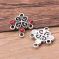Alloy jewelry finding multi-hole flower connector charm with red resin cabochons for DIY crafts. - Antique Silver-Red
