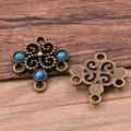 Alloy flower multi-hole connector jewelry findings, vintage bronze blue resin, 23x26mm - Antique Bronze - Blue