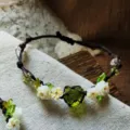 Handmade macrame braided green crystal stone flower bracelet crystal woven rope gift - Green Brown Floral