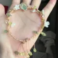 Handmade macrame crystal floral woven bracelet with stone net pocket for bestie gift. - One Green Cord Bracelet