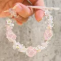Handmade macrame crystal flower bracelet, pink quartz and floral charms, adjustable. - One Rose Quartz Soft Light Braided Bracelet