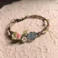 Handmade macrame blue crystal rose flower bracelet braided rope jewelry gift for women - Floral Scenery Cord Bracelet (Lobster Clasp)