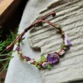 Handmade macrame crystal braided bracelet with purple raw stone and flower charms SKU style. - Wisteria Bracelet, 1 Piece