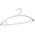 White plastic wide shoulder clothes hanger, durable anti-slip design for adult garments. - White