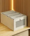 Caja de almacenamiento de tela beige con ventana, organizador de armario plegable de lino ropa - L / Beige
