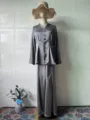 Grey satin long sleeve top and matching long skirt set, elegant vintage style spring outfit. - Gray